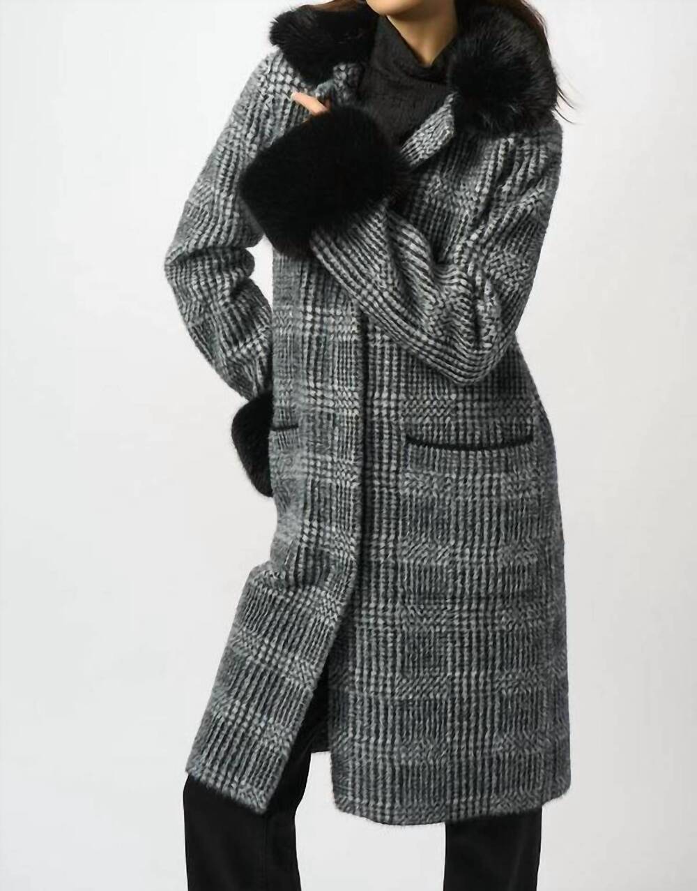 NEW JOSEPH RIBKOFF plaid print faux fur coat in black/white
